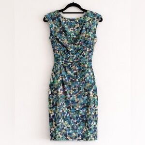 Kay Unger Colorful Printed Midi Dress with Ruching Size M